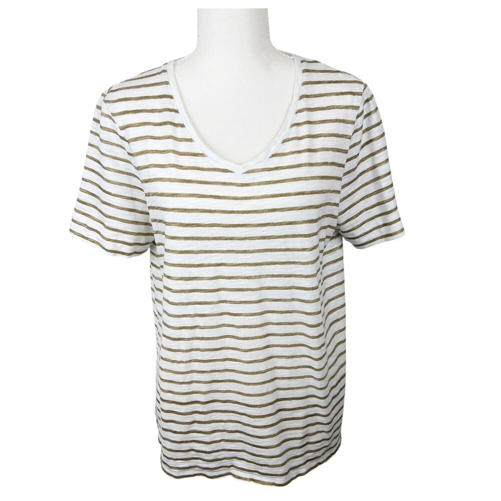 Chico's Shirt Women Large White Gold Sparkly Striped Short Sleeve V-Neck Tee